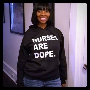 Black sweatshirt with hood and white lettering.